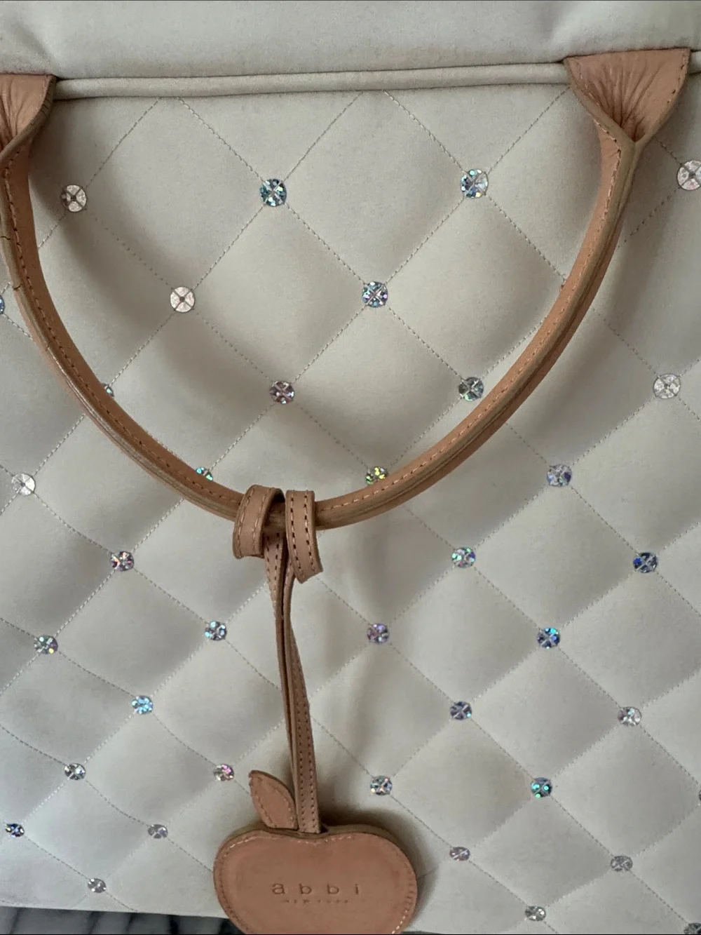 Abbi Cream Quilted Laptop Bag with Crystal Studs and Tan Trim